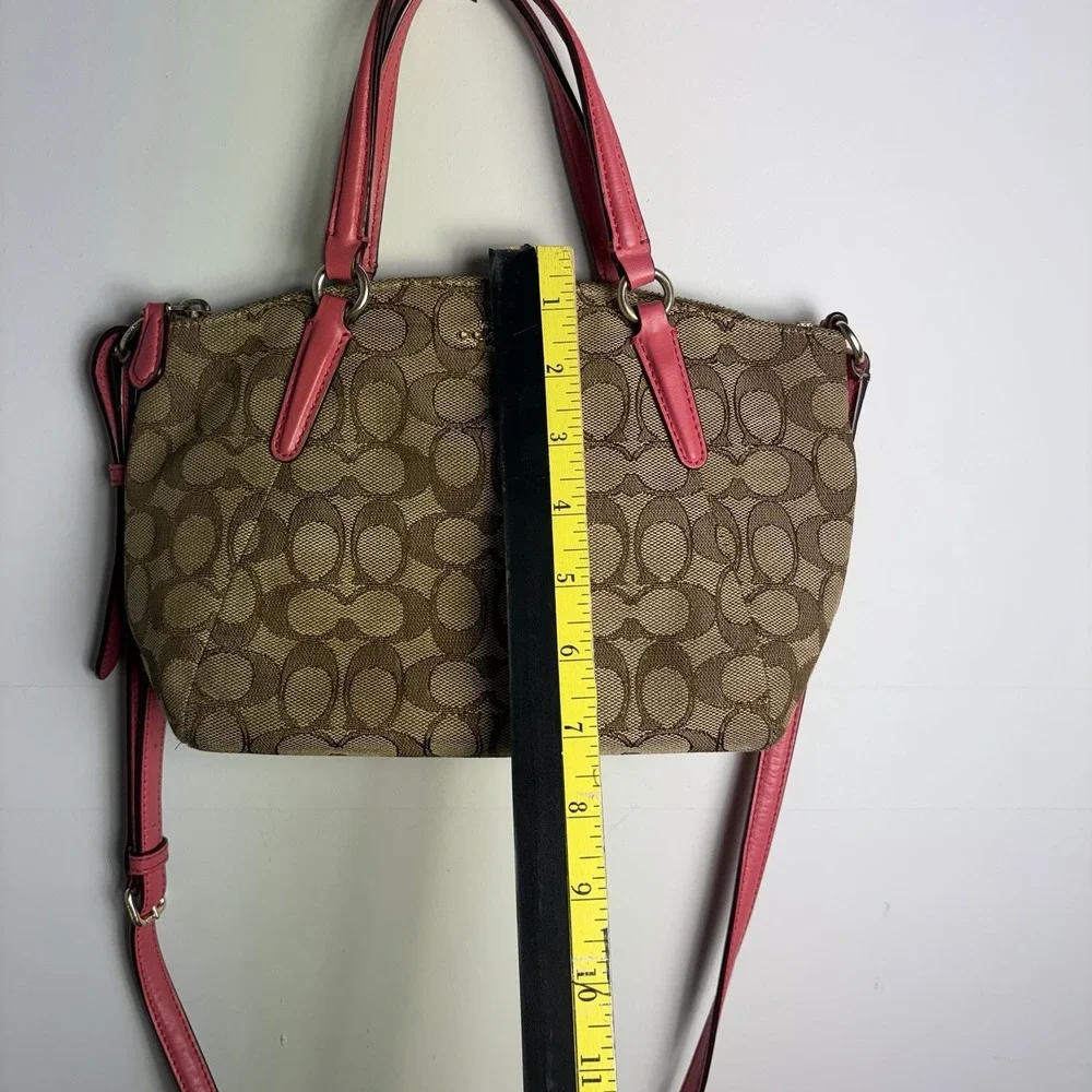 COACH F57830 Mini Kelsey Satchel Signature Canvas Crossbody Bag Pink Trim Brown